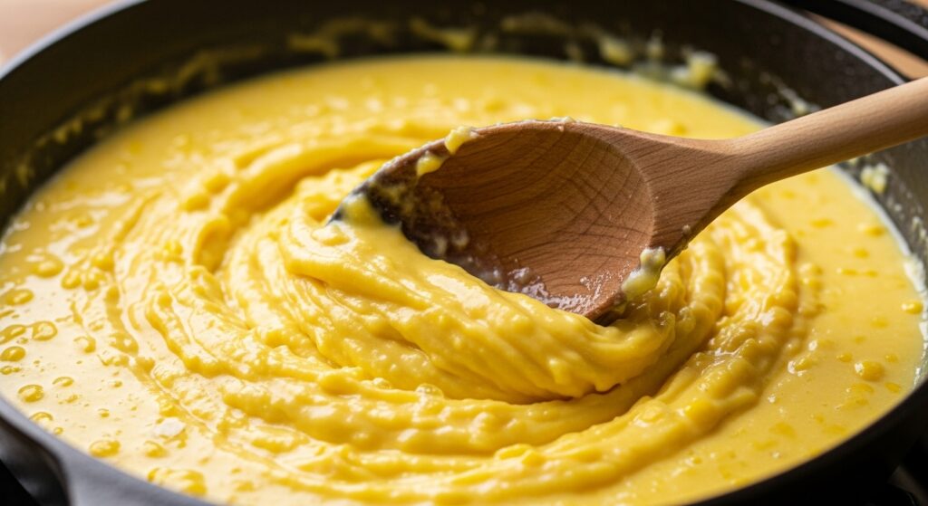 Creme de milho para a receita de frango ao creme de milho sendo preparado em uma panela.