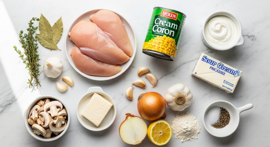 Ingredientes para a receita de fricassé de frango cremoso organizados em uma bancada de cozinha.