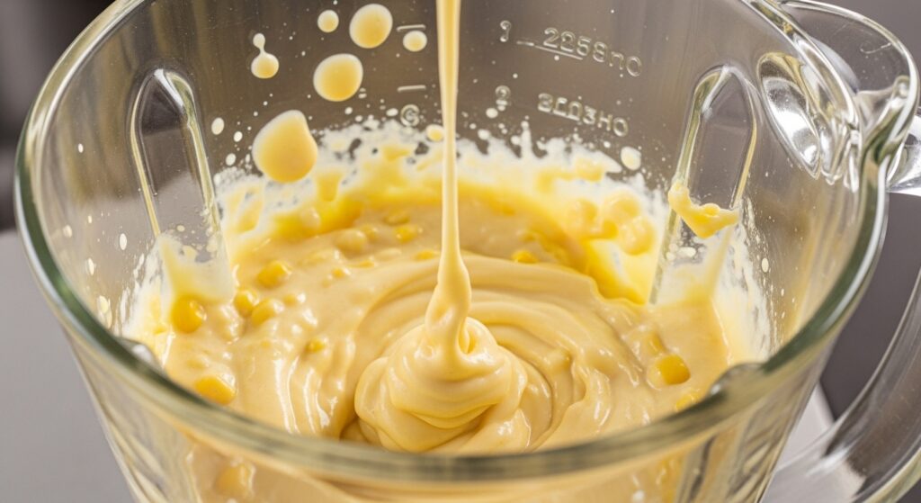 Creme da receita de fricassé de frango cremoso sendo preparado no liquidificador.