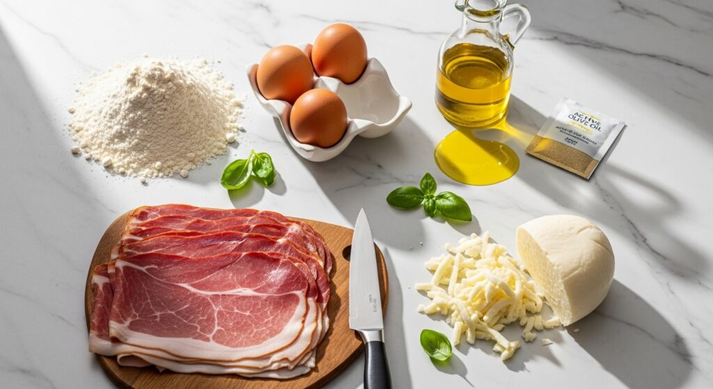 Ingredientes para a receita de joelho de presunto e queijo organizados em uma bancada de cozinha.