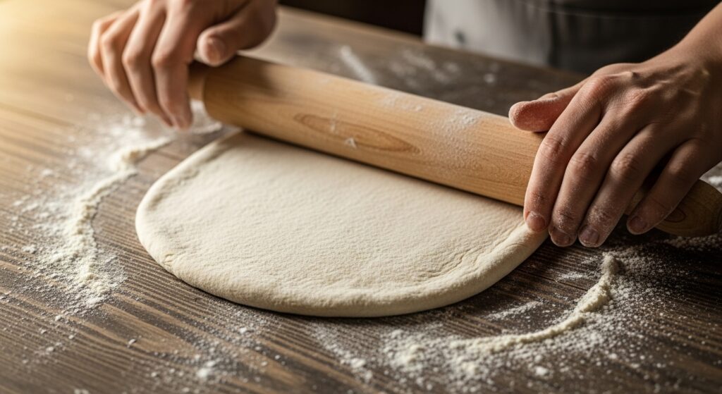 Massa da receita de joelho de presunto e queijo sendo aberta com um rolo.