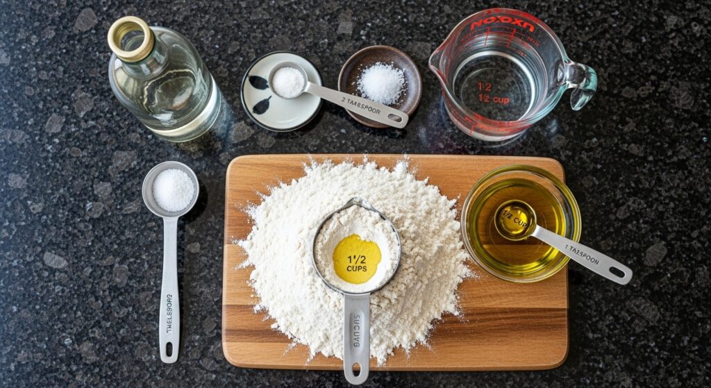 Ingredientes para a receita de massa de pastel caseiro organizados em uma bancada.