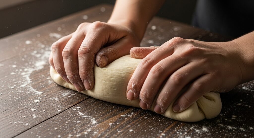 Massa da receita de massa de pastel caseiro sendo sovada em uma bancada