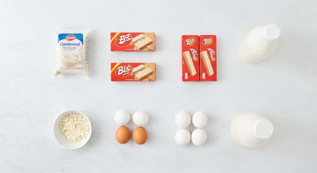 Ingredientes para a receita de pavê de bis organizados em uma bancada de cozinha.