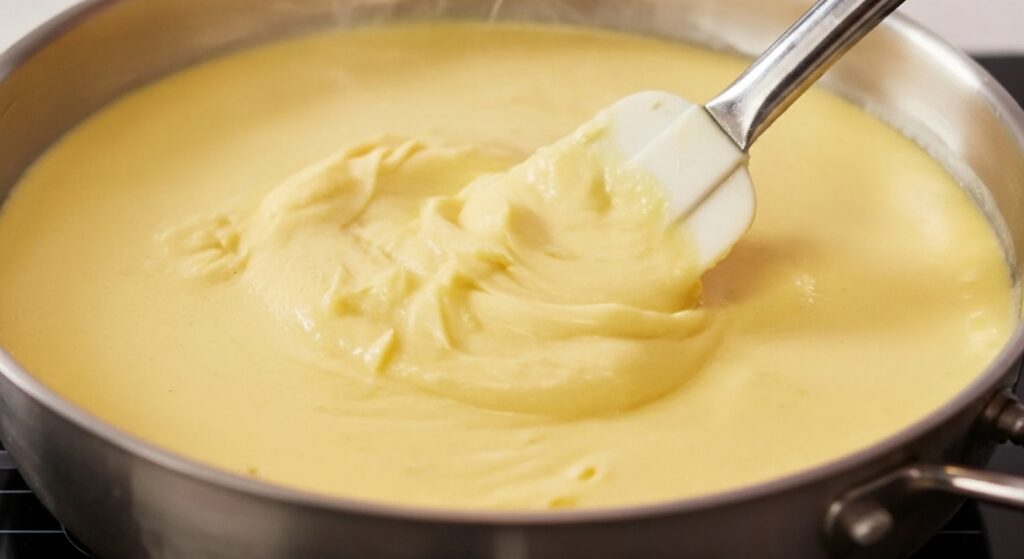 Creme da receita de pavê de bis sendo preparado em uma panela.