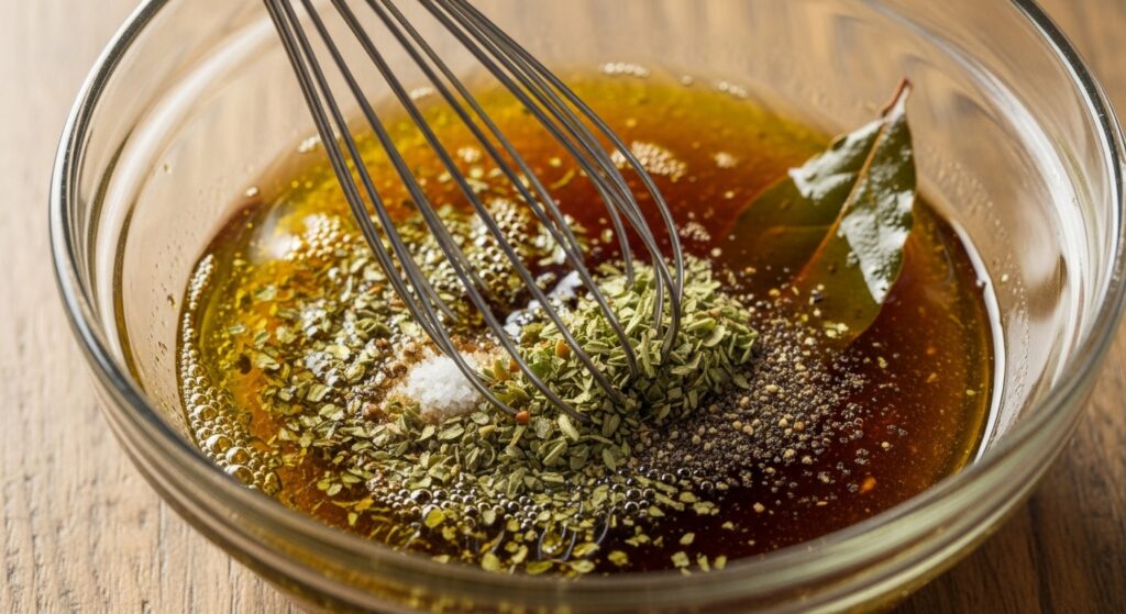 Molho para a receita de salada grega original sendo preparado em tigela de vidro.