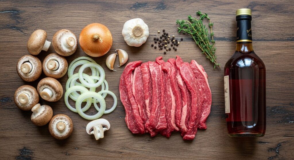 Ingredientes para a receita de strogonoff de carne organizados em uma bancada de cozinha.