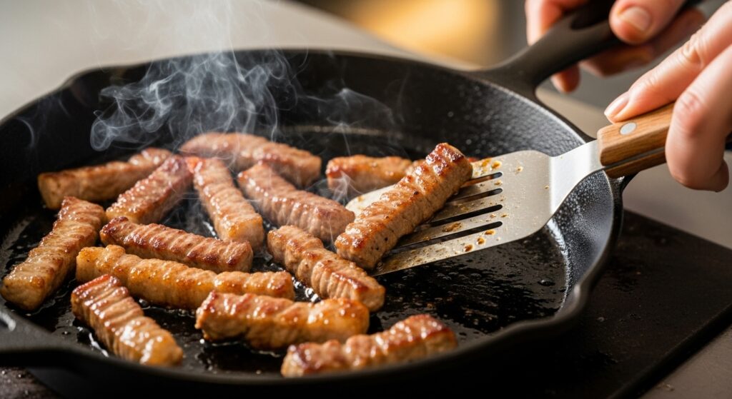 Tiras de carne da receita de strogonoff de carne sendo seladas na frigideira.