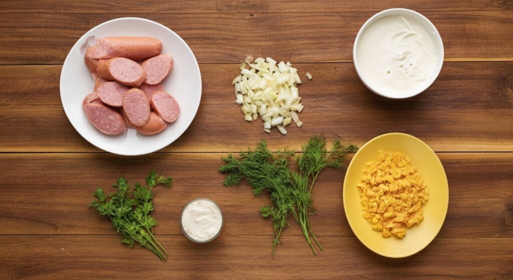 Ingredientes para a receita de strogonoff de salsicha organizados em uma bancada de cozinha.