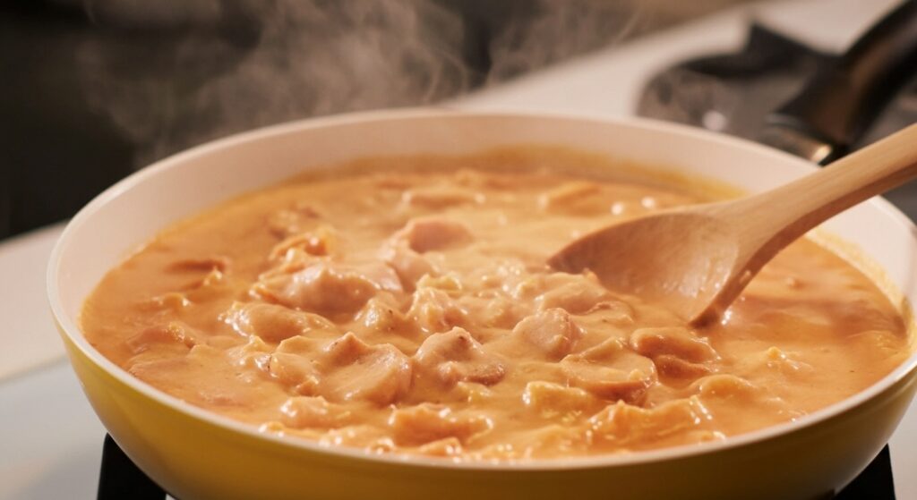 Molho da receita de strogonoff de salsicha sendo preparado em uma panela