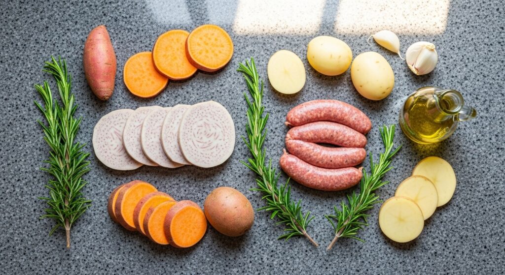 Ingredientes para espetinho de toscana com batata organizados em uma bancada de cozinha.