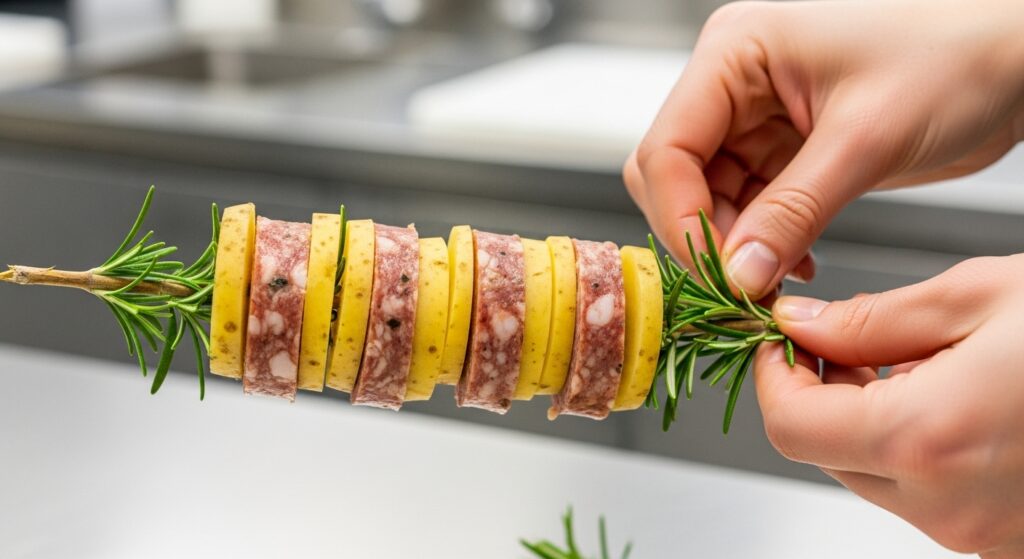 Montagem do espetinho de toscana com batata em um galho de alecrim.