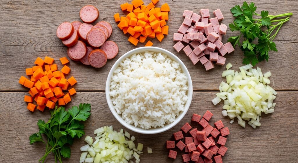 Ingredientes para a receita de arroz chinês vegetariano organizados em uma bancada de cozinha.