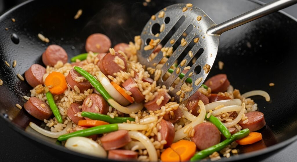 Refogado da receita de arroz chinês vegetariano sendo preparado em uma panela wok.