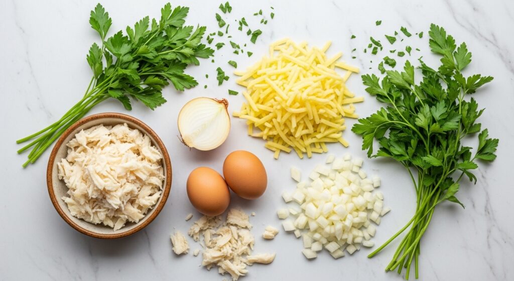 Ingredientes para a receita de bolinho de bacalhau organizados em uma bancada de cozinha.