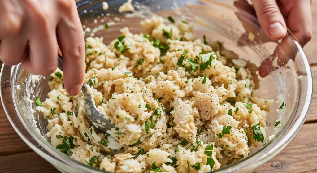 Massa da receita de bolinho de bacalhau sendo preparada em uma tigela de vidro