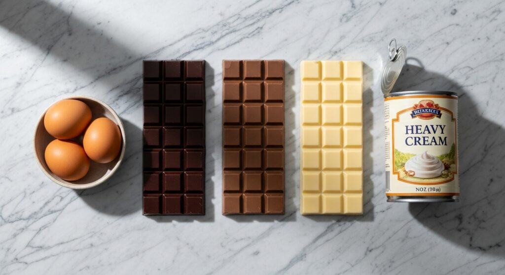 Ingredientes para a receita de bolo três musses organizados em uma bancada de mármore.