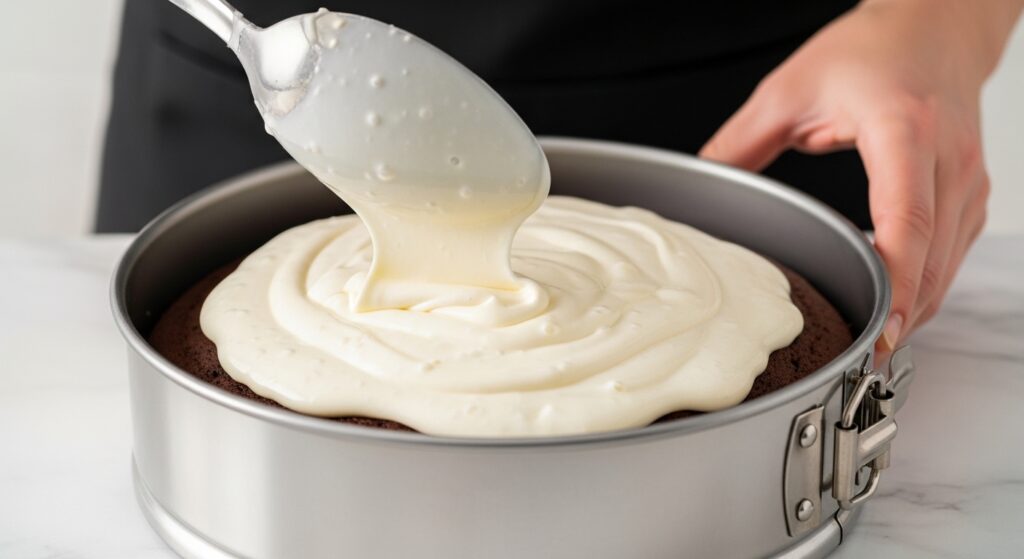 Montagem da receita de bolo três musses em forma de aro removível.