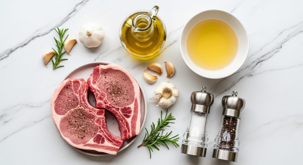 Ingredientes para a receita de costeletas de porco organizados em uma bancada de cozinha.