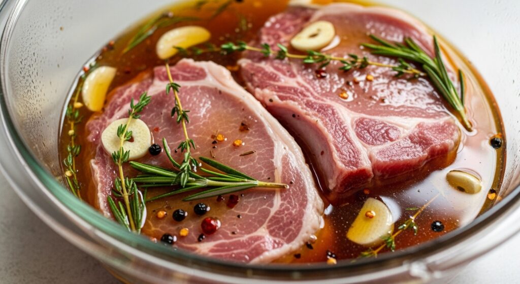 Costeletas de porco marinando em uma tigela de vidro para a receita.