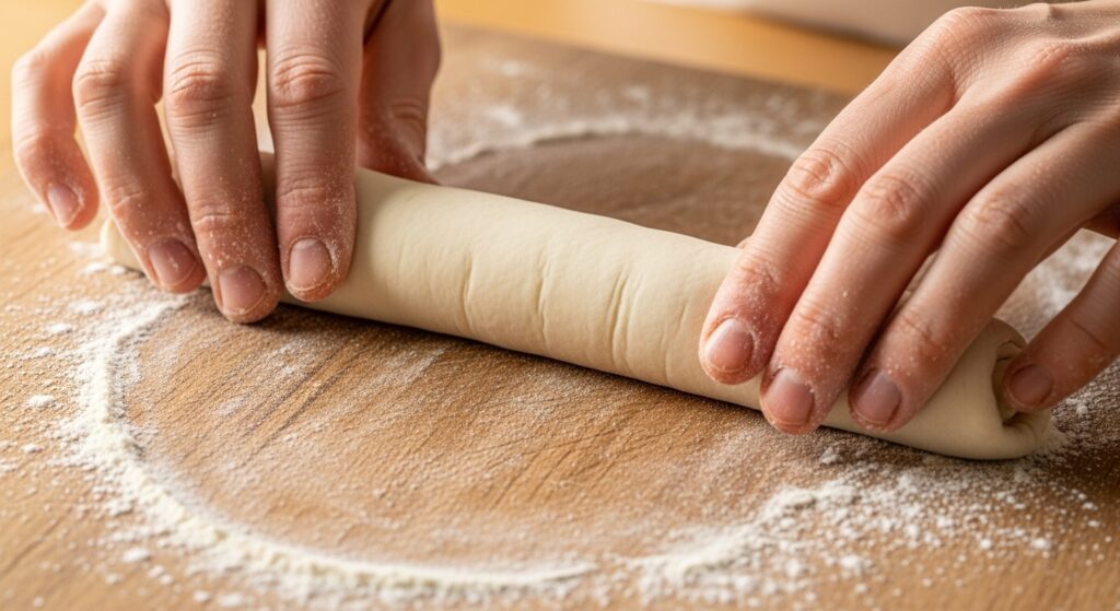 Massa de pastel sendo enrolada na salsicha para a receita de enroladinho de salsicha com massa de pastel.