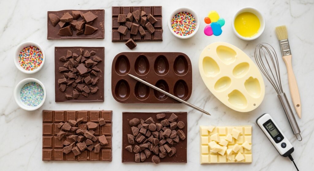 Ingredientes para receita de ovo de páscoa caseiro organizados em uma bancada de cozinha.