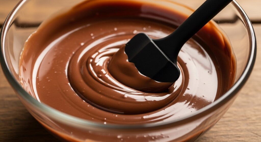 Chocolate sendo temperado em tigela de vidro para a receita de ovo de páscoa caseiro.