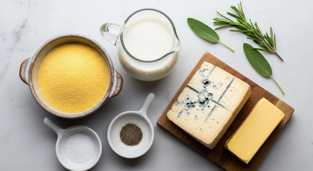 Ingredientes para a receita de polenta cremosa organizados em uma bancada.