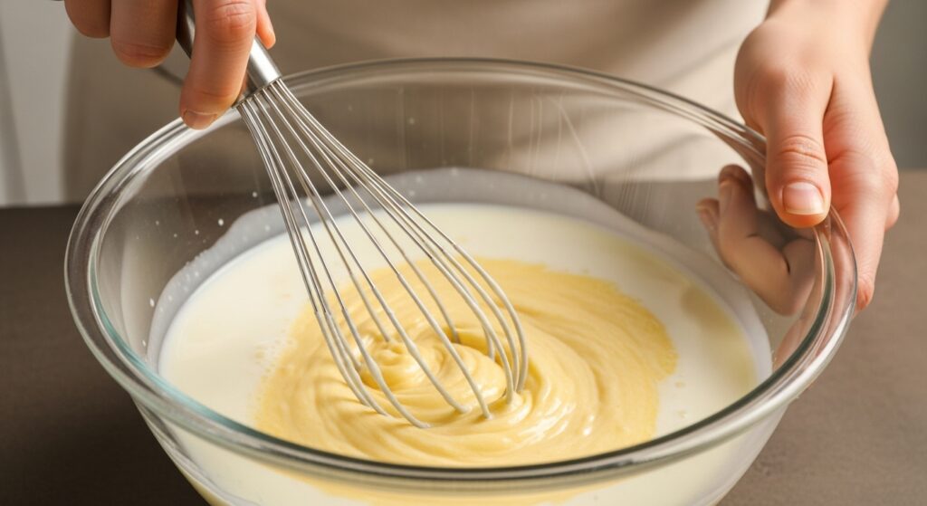 Mistura lisa para a receita de polenta cremosa sendo preparada em uma tigela.