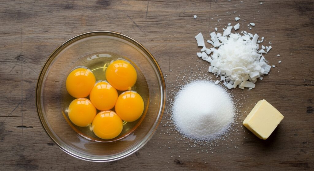 Ingredientes para a receita de quindim de micro-ondas organizados em uma bancada.