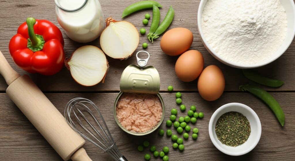 Ingredientes para a receita de torta de atum de liquidificador organizados em uma bancada.