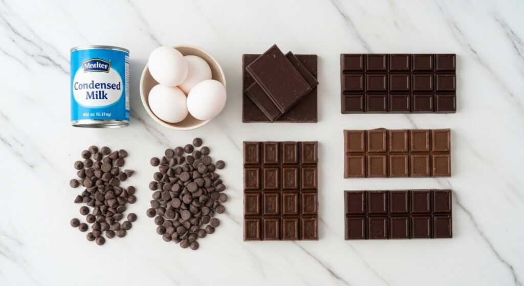 Ingredientes para a receita de torta gelada de bombom organizados em uma bancada de cozinha.