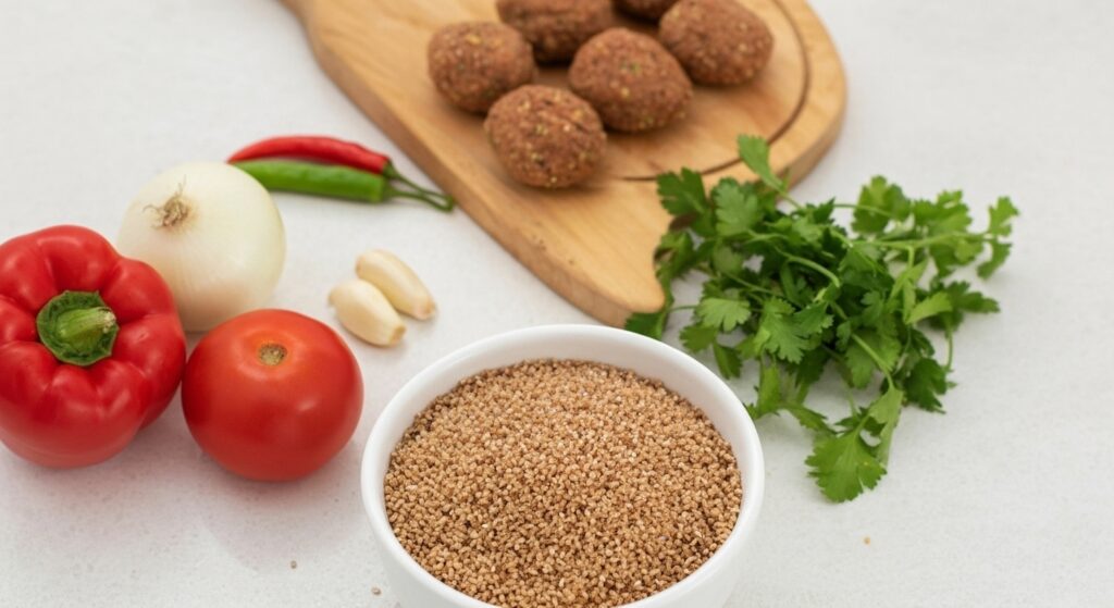 Ingredientes para a receita de almôndega de quibe vegetariana organizados em uma bancada.