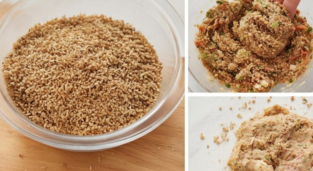 Massa da receita de almôndega de quibe vegetariana sendo preparada em tigela