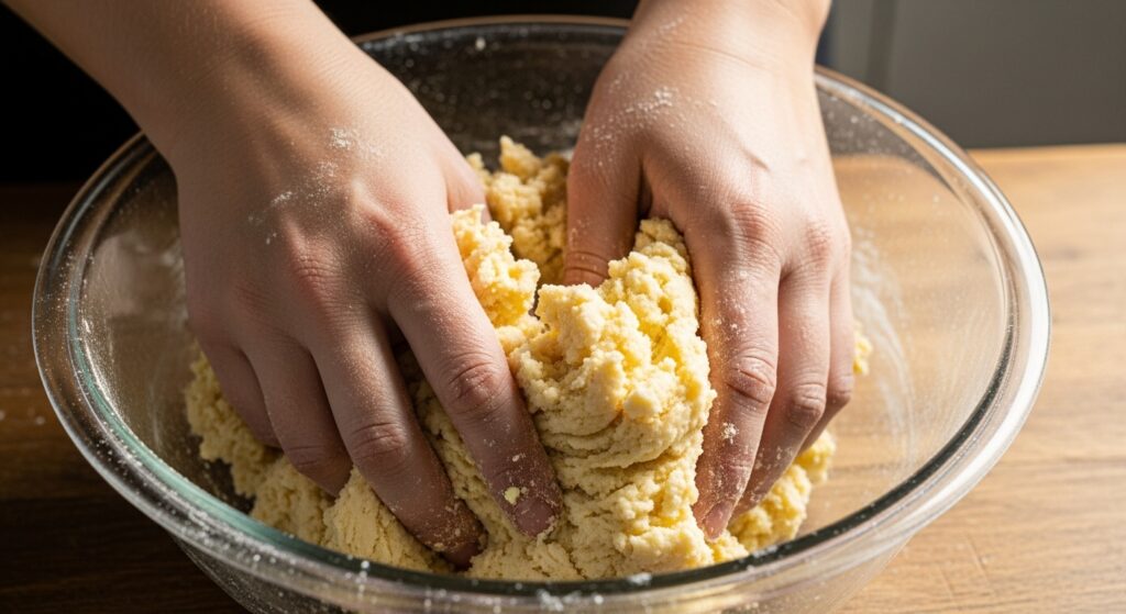 Massa da receita de biscoito casadinho com goiabada sendo preparada em tigela de vidro