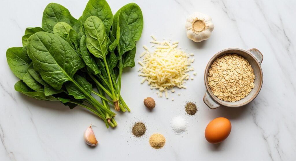 Ingredientes para a receita de croquete de espinafre organizados em uma bancada de cozinha.