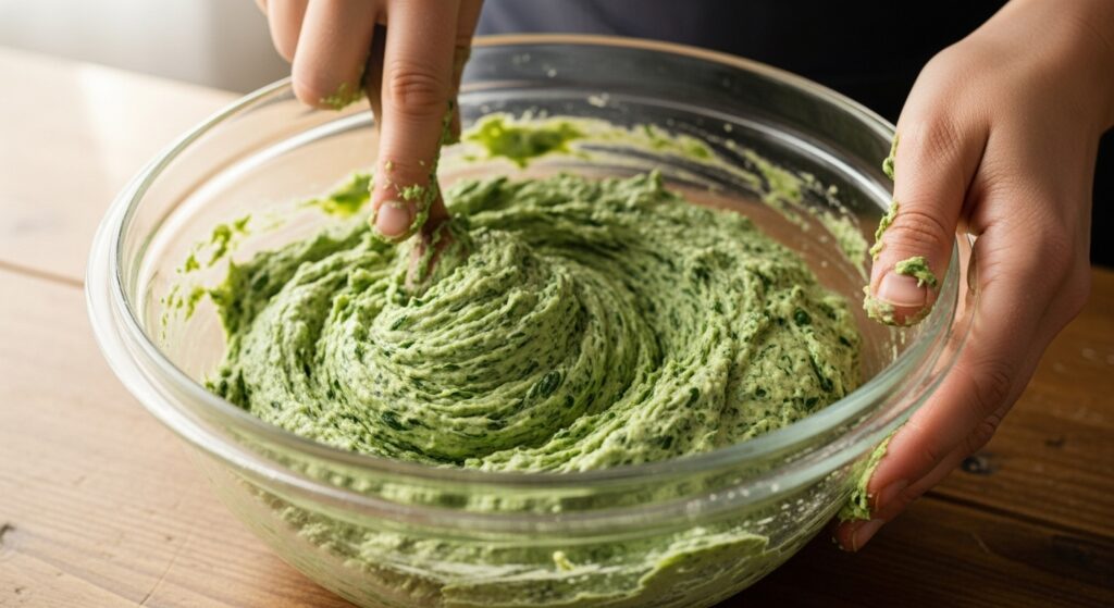 Massa da receita de croquete de espinafre sendo preparada em uma tigela de vidro.