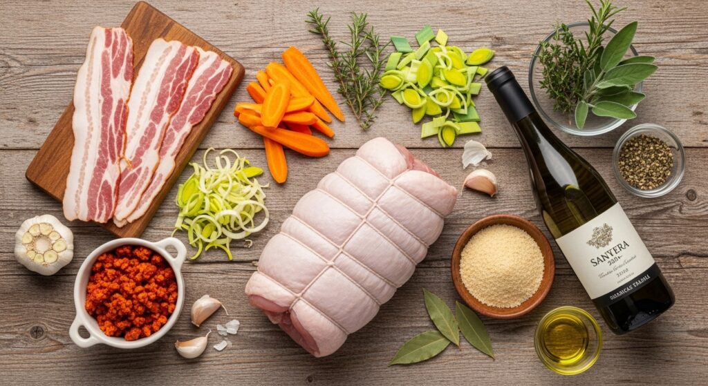 Ingredientes para a receita de rôti de peru recheado organizados em uma bancada de cozinha.