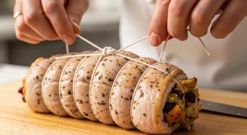 Mãos preparando a receita de rôti de peru recheado, amarrando a carne com barbante.