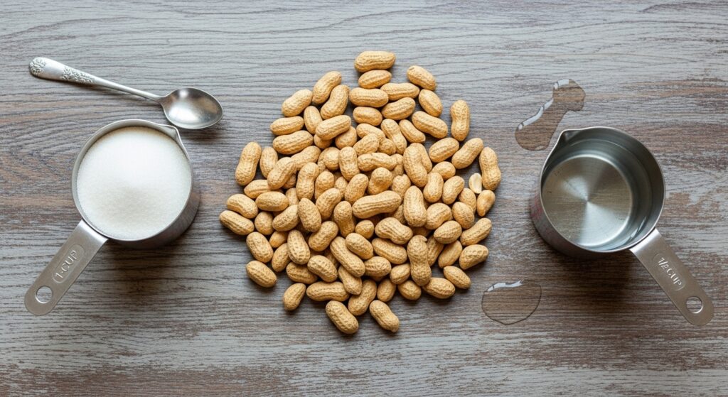 Ingredientes para a receita de amendoim doce crocante organizados em uma bancada.