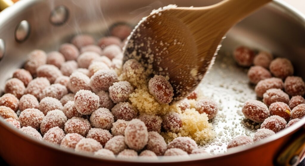 Massa da receita de amendoim doce crocante no ponto de cristalização na panela