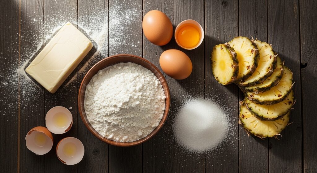Ingredientes para a receita de bolo de abacaxi caramelizado organizados em uma bancada de cozinha.
