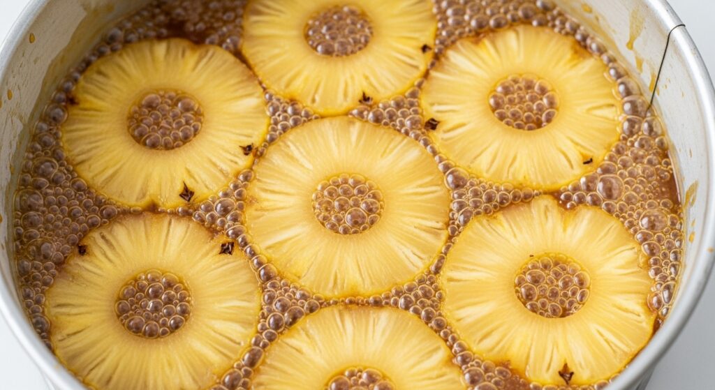 Massa da receita de bolo de abacaxi caramelizado sendo despejada na forma com a calda.