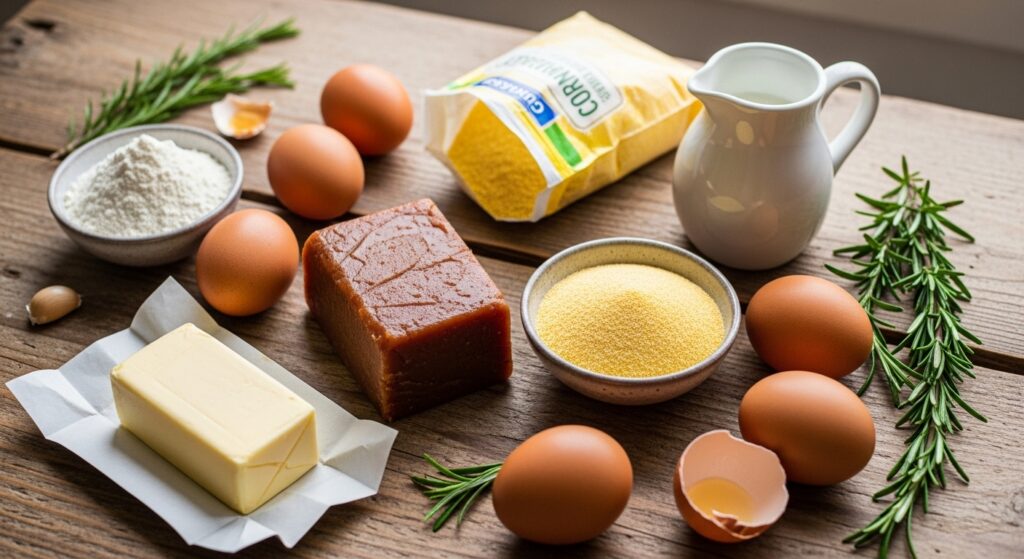 Ingredientes para a receita de bolo de fubá com goiabada organizados em uma bancada de cozinha.