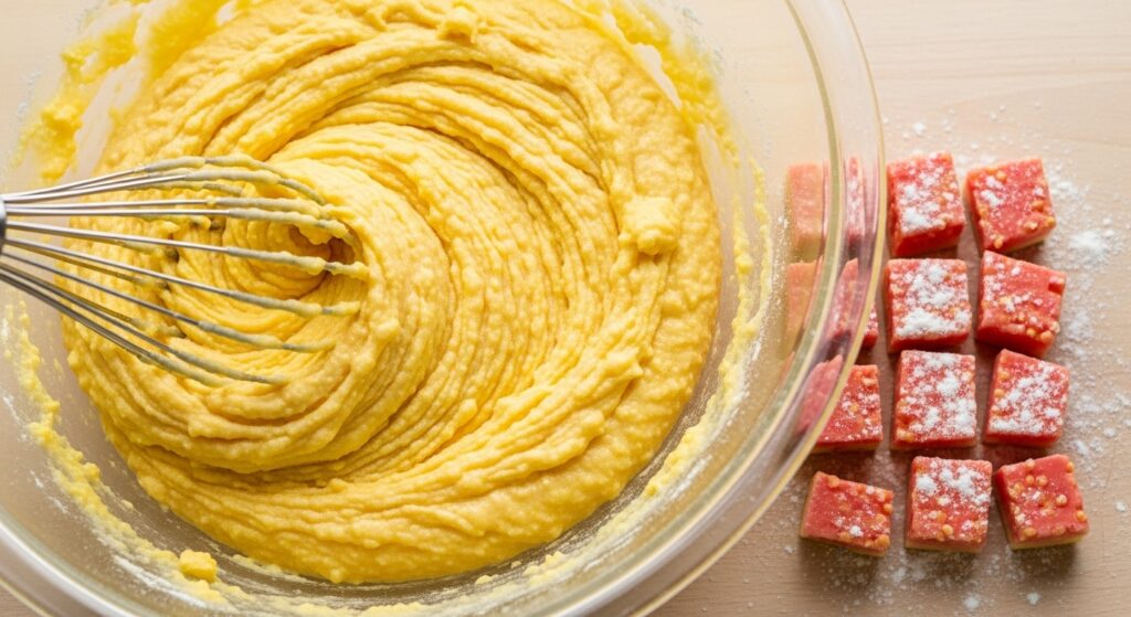 Massa da receita de bolo de fubá com goiabada sendo preparada em tigela de vidro