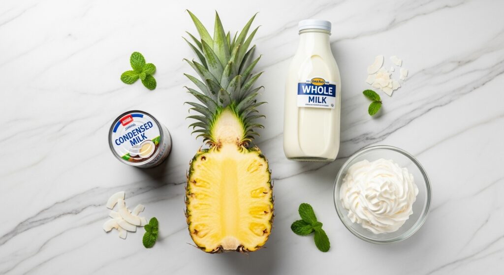 Ingredientes para a receita de delícia de abacaxi organizados em uma bancada de cozinha.