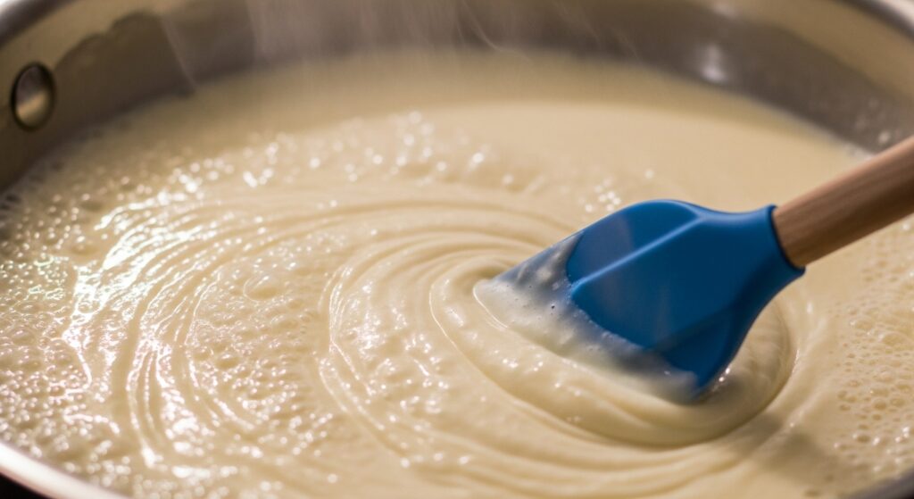 Creme da receita de delícia de abacaxi sendo preparado em uma panela.