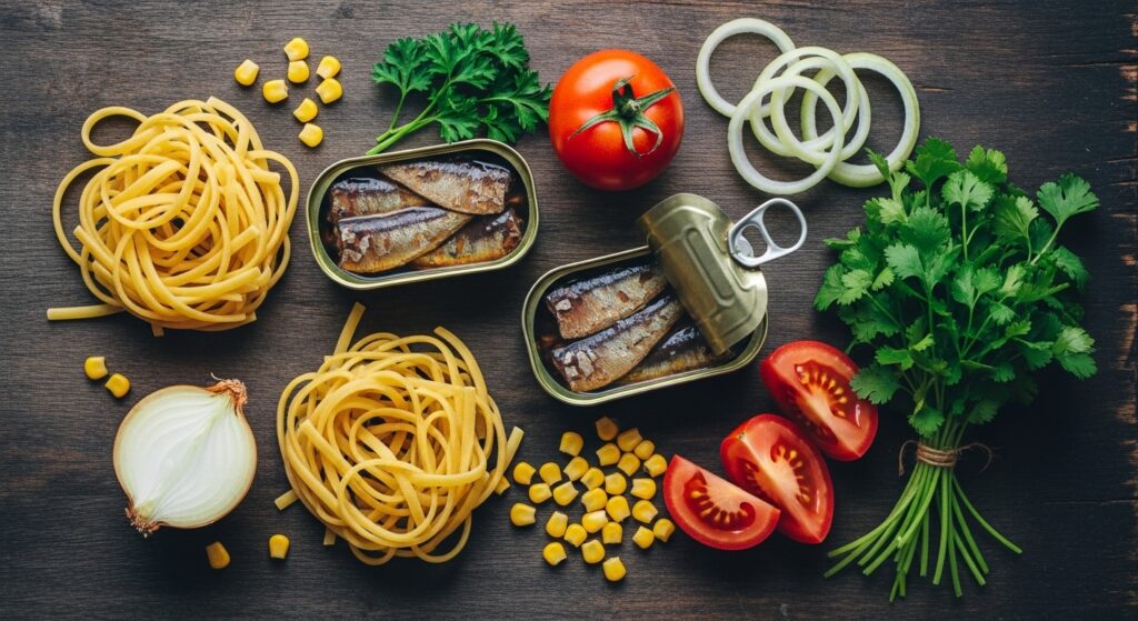 Ingredientes para a receita de macarrão com sardinha simples organizados em uma bancada de cozinha.