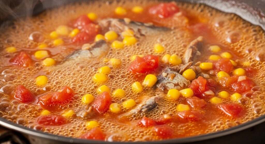 Molho da receita de macarrão com sardinha simples sendo preparado em uma panela.