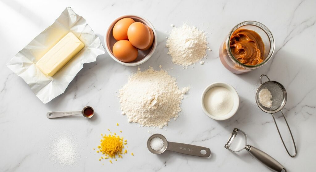 Ingredientes frescos para preparar alfajor caseiro dispostos em uma bancada de mármore branco, estilo flat lay. Inclui manteiga, ovos, amido de milho, farinha e um pote de doce de leite. --ar 4:3